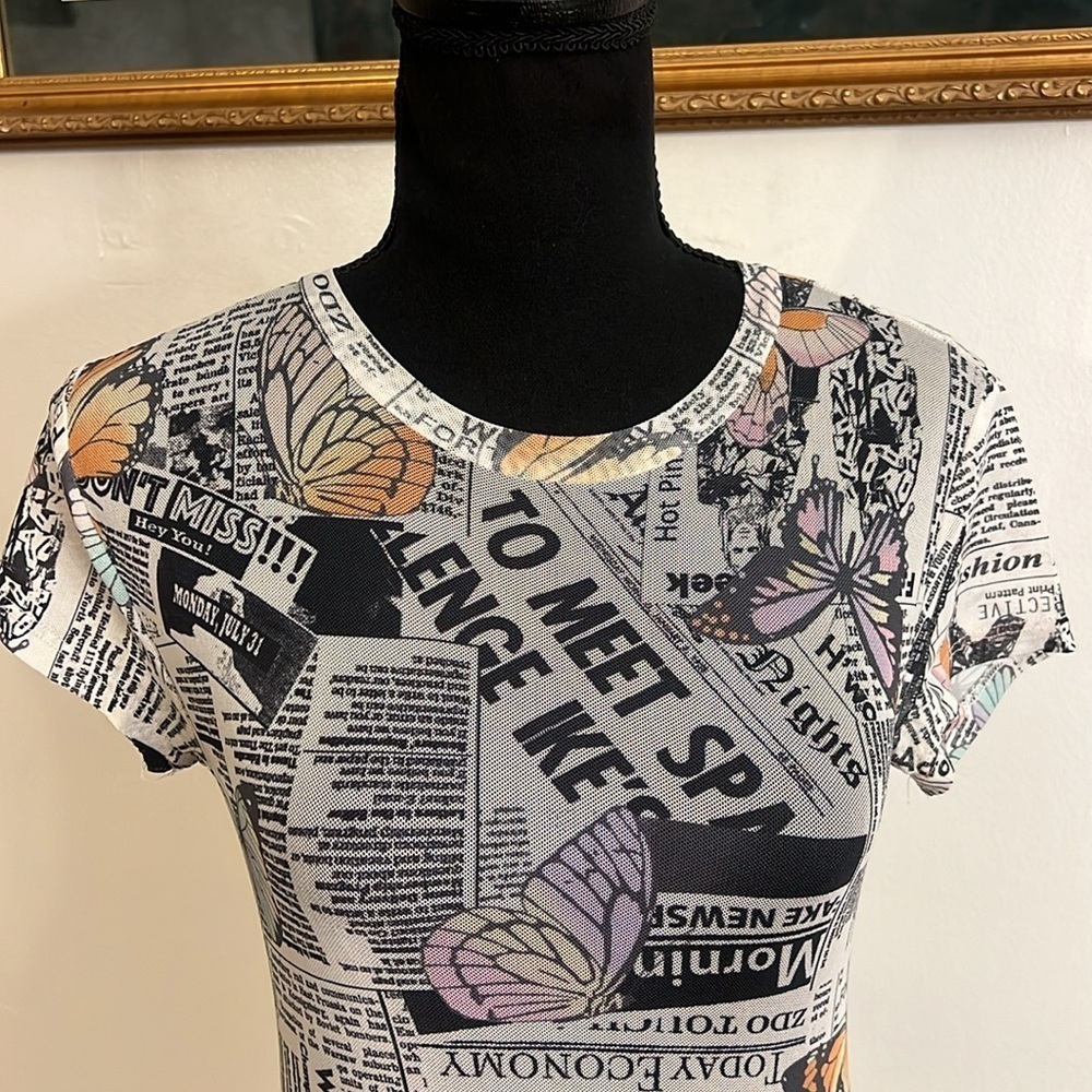 White Black Color Butterfly Newspaper Print Bodysuit by Rue 21, Sz. XS. - Picture 4 of 8